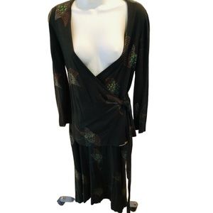 𝅺Diane Von Furstenberg DVF size 12 skirt set brown print wrap top & bias cut